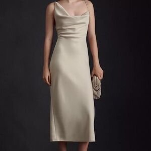 BHLDN Champagne Asymmetrical Charmeuse Midi Dress – Elegant Satin Slip Style